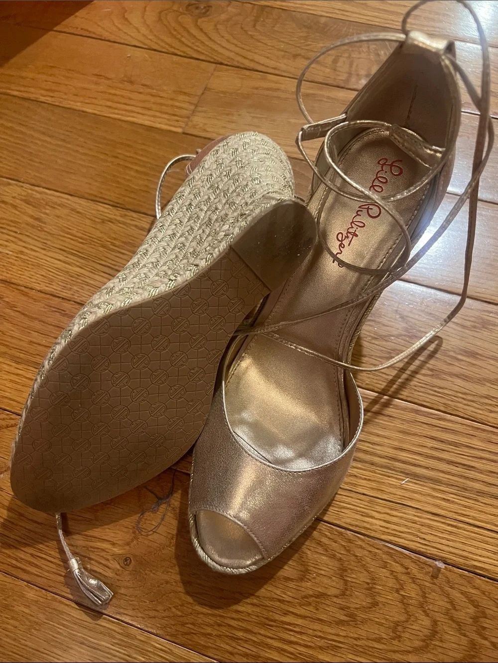 Lilly Pulitzer Metallic Gold Espadrille Wedge Sandals with Ankle Ties